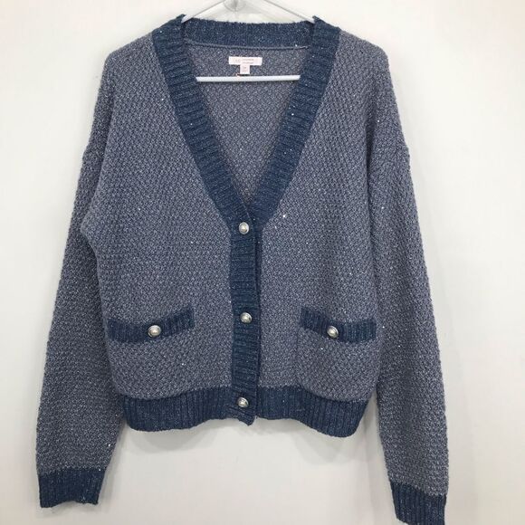 Lauren Conrad Dusty Blue Silver Sparkle V Neck Pearl Button Up Holiday Cardigan - Picture 1 of 16